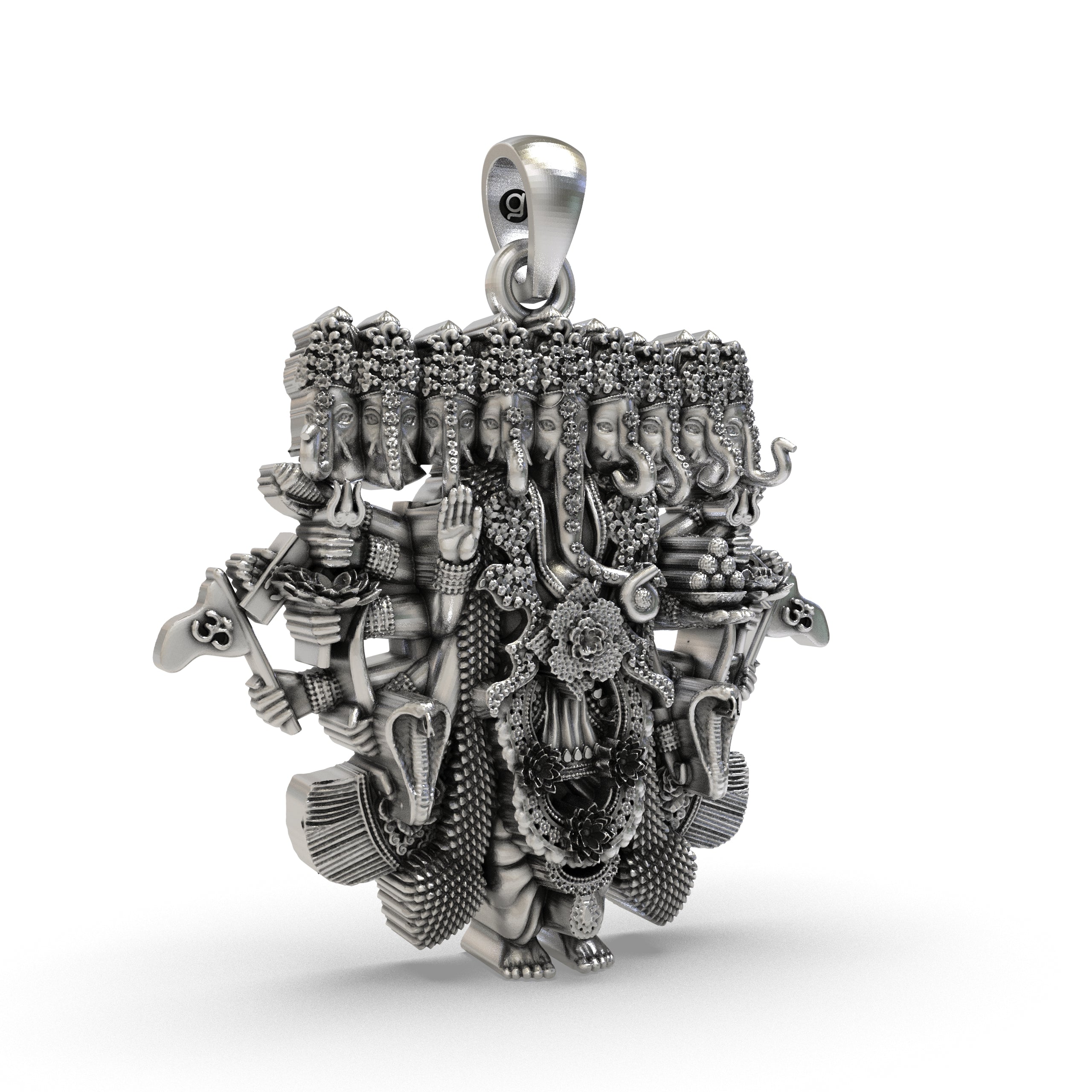 Close-up detail of the faces on the 925 silver Ganesh nine heads pendant, revealing the antique craftsmanship.