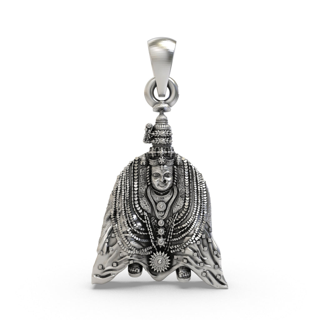 Front view of the 925 silver Tulja Bhavani pendant showing the intricate oxidized details of the Goddess.