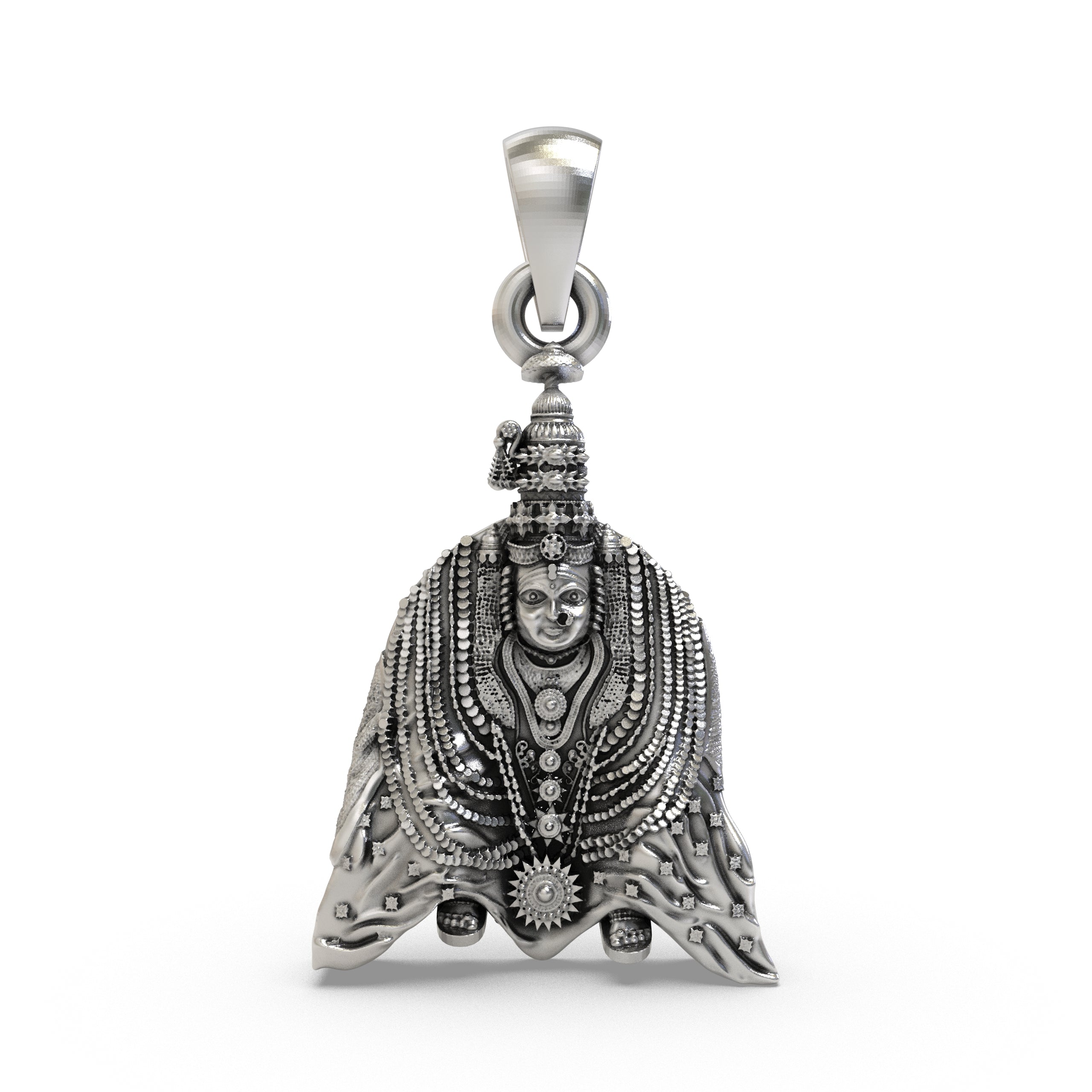 Front view of the 925 silver Tulja Bhavani pendant showing the intricate oxidized details of the Goddess.