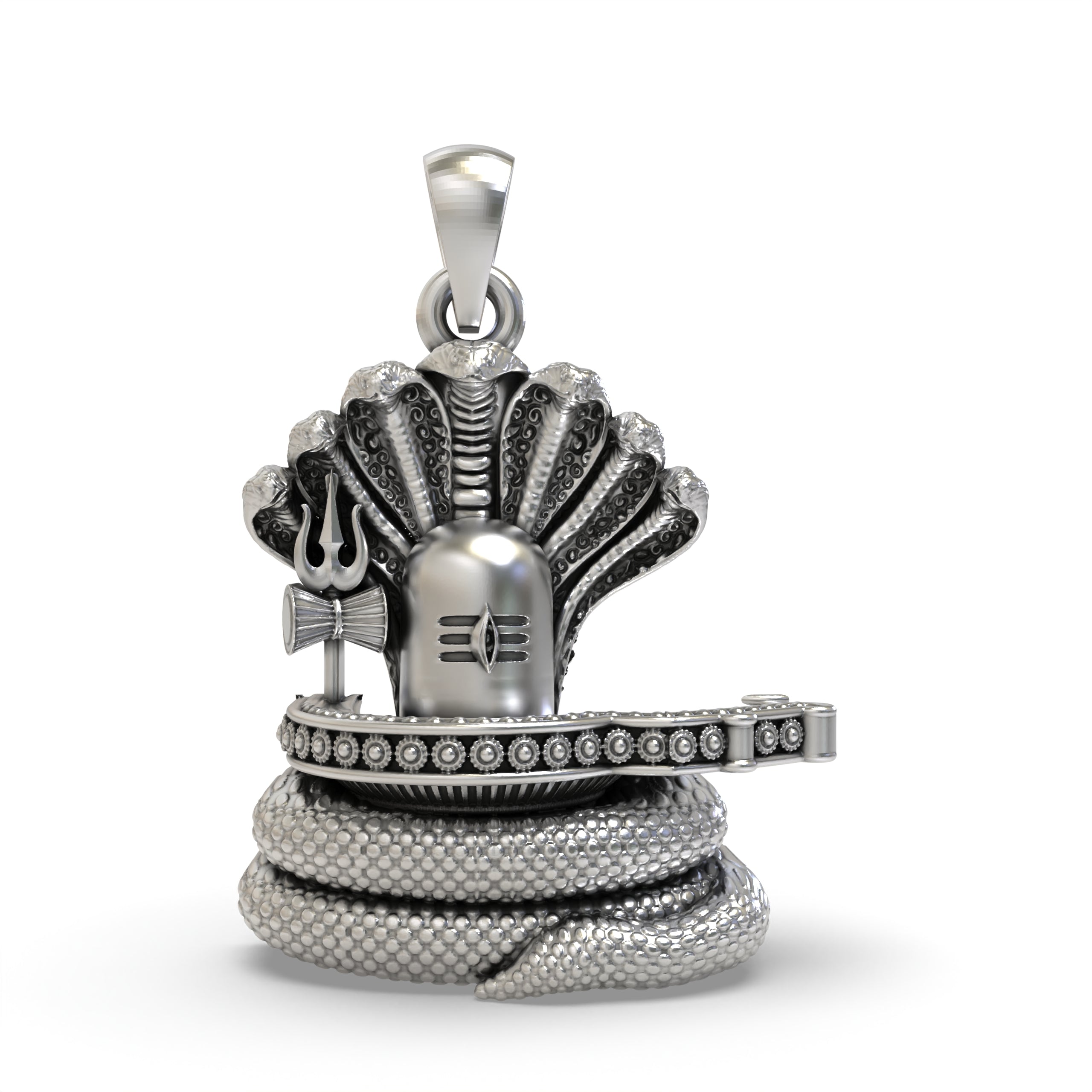 Front view of a 925 sterling silver Shiva Lingam pendant with a coiled snake, featuring an oxidized antique finish.