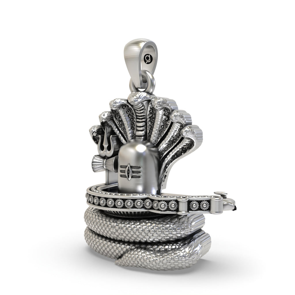 Angled side profile of the Mahadev Shiva Lingam snake pendant, showing the handcrafted details in oxidized 925 silver.
