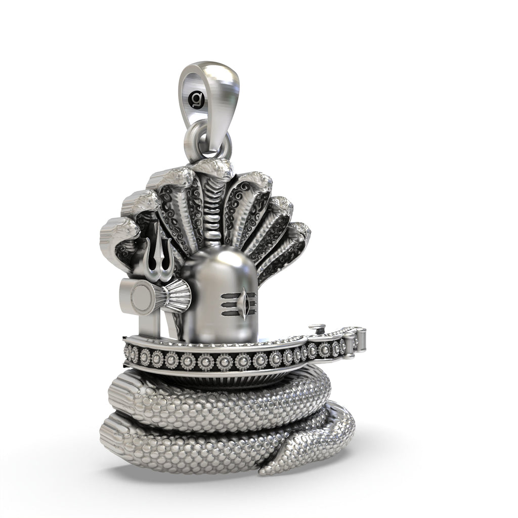 Close-up detail of the coiled Naga snake on the 925 silver Shiva Lingam spiritual amulet for spiritual seekers.