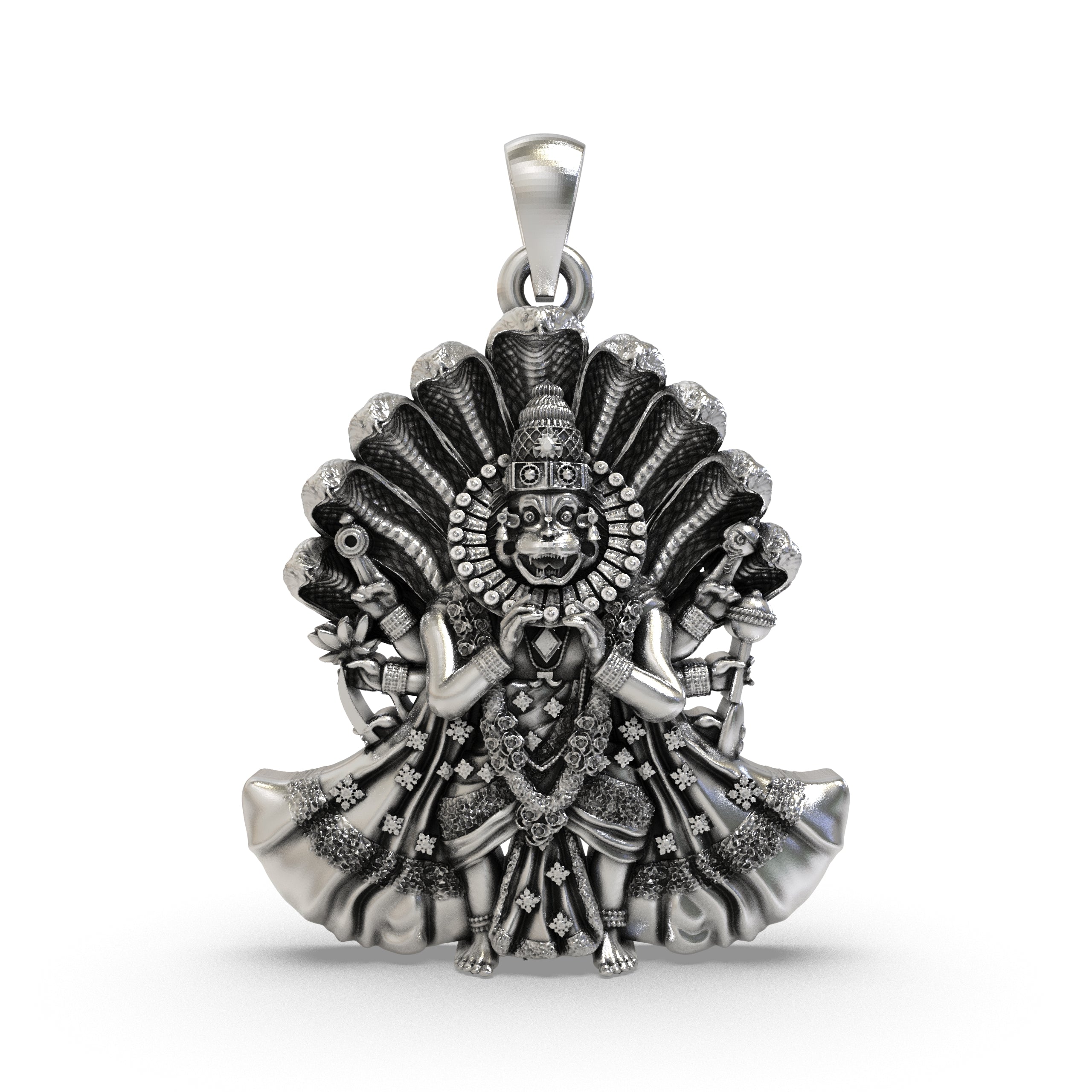 Front view of the intricately detailed 925 Silver Narsimha Bhagwan Pendant with an oxidized finish, showcasing its sacred Main image