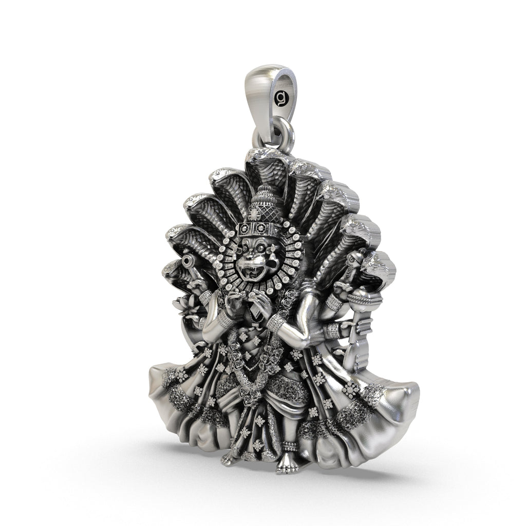 Angled profile of the Lord Narsimha Bhagwan pendant, highlighting the three-dimensional craftsmanship in 925 sterling silver.