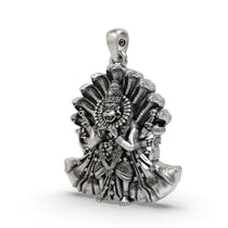 Angled profile of the Lord Narsimha Bhagwan pendant, highlighting the three-dimensional craftsmanship in 925 sterling silver.
