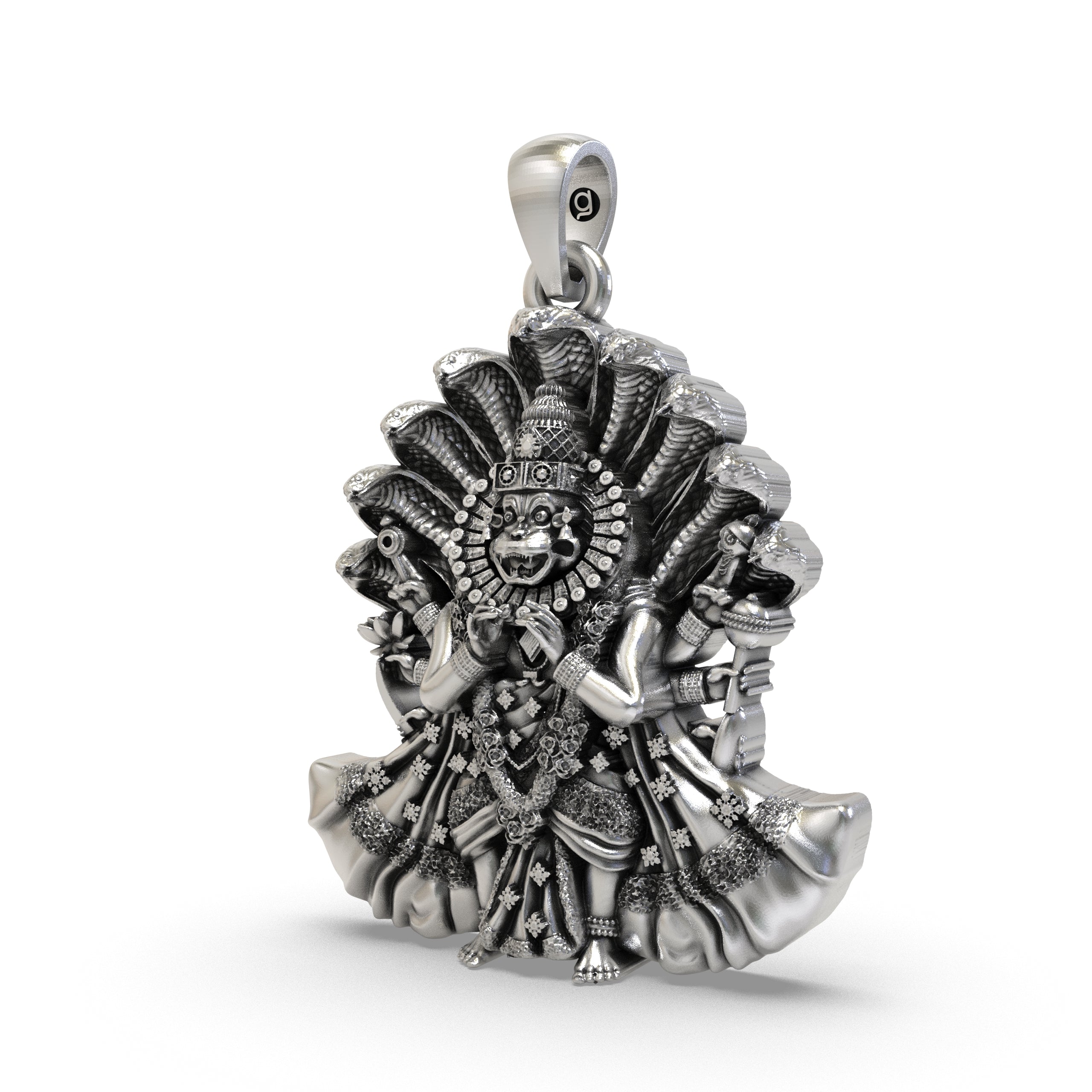 Angled profile of the Lord Narsimha Bhagwan pendant, highlighting the three-dimensional craftsmanship in 925 sterling silver.
