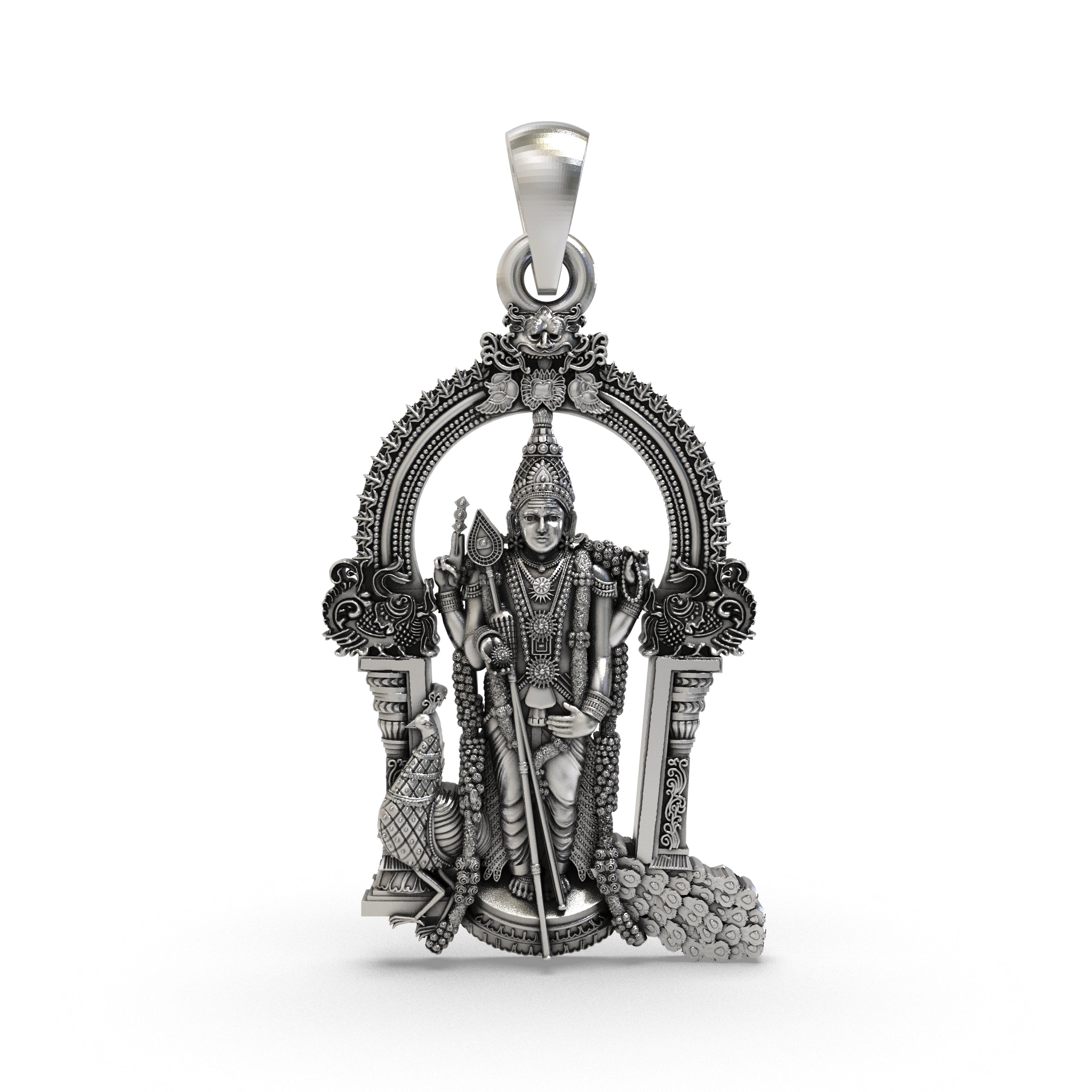 Front view of the 925 silver Murugan pendant showing Lord Kartikeya holding his divine Vel weapon.