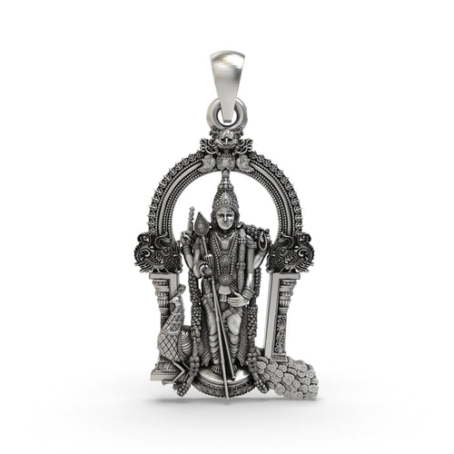 Front view of the 925 silver Murugan pendant showing Lord Kartikeya holding his divine Vel weapon.