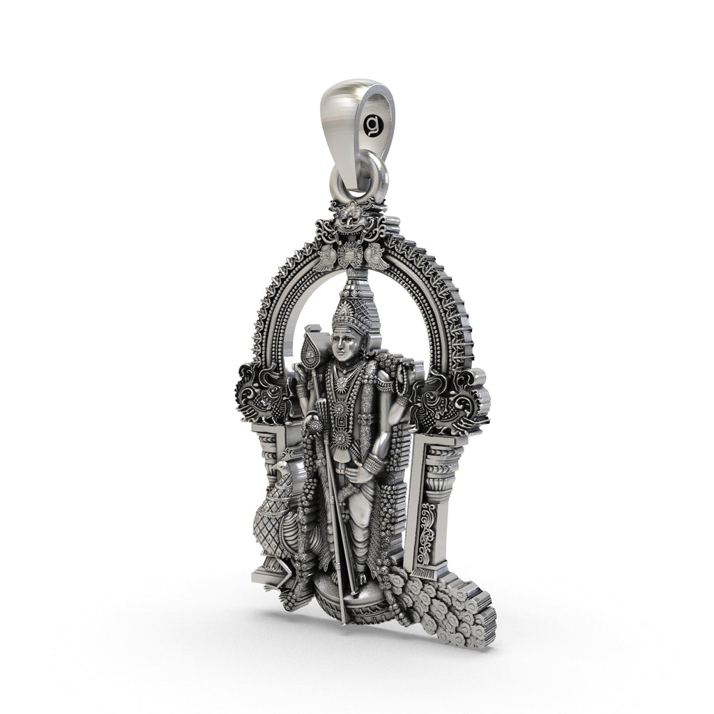 Angled side view of the Lord Kartikeya 925 silver pendant highlighting its detailed antique oxidized finish.