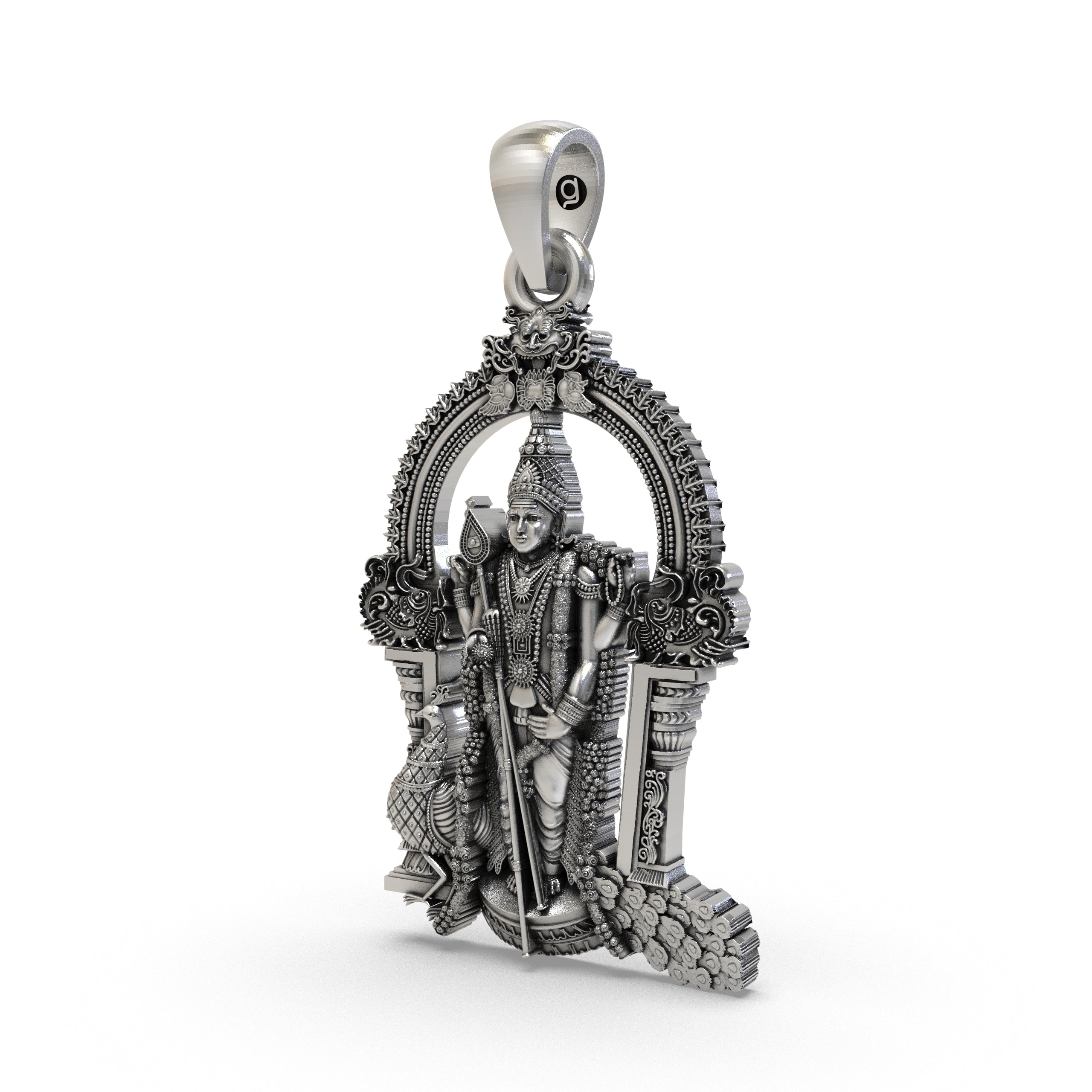 Angled side view of the Lord Kartikeya 925 silver pendant highlighting its detailed antique oxidized finish.