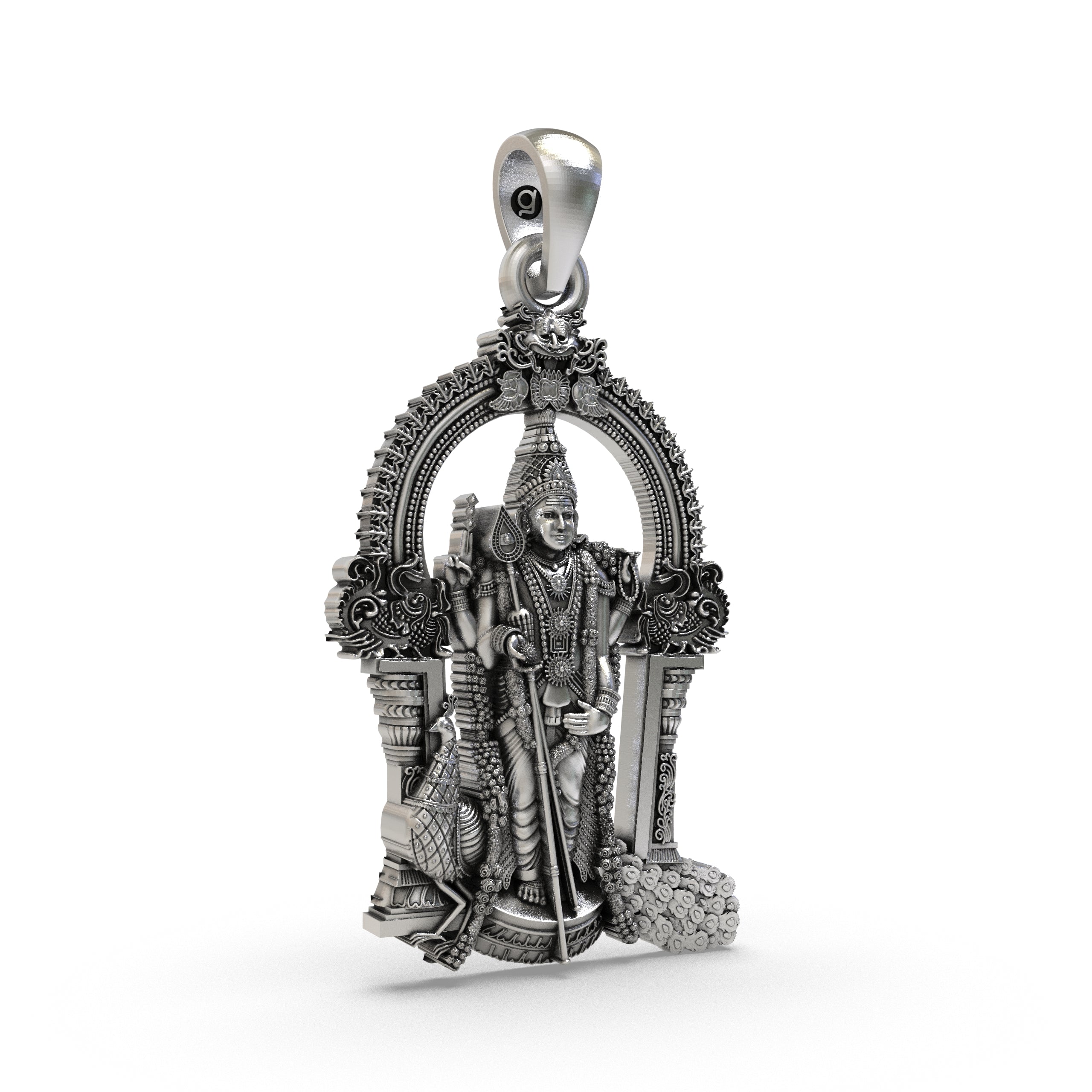 Close-up shot of the 925 silver Murugan pendant, focusing on the intricate craftsmanship of the deity's face.