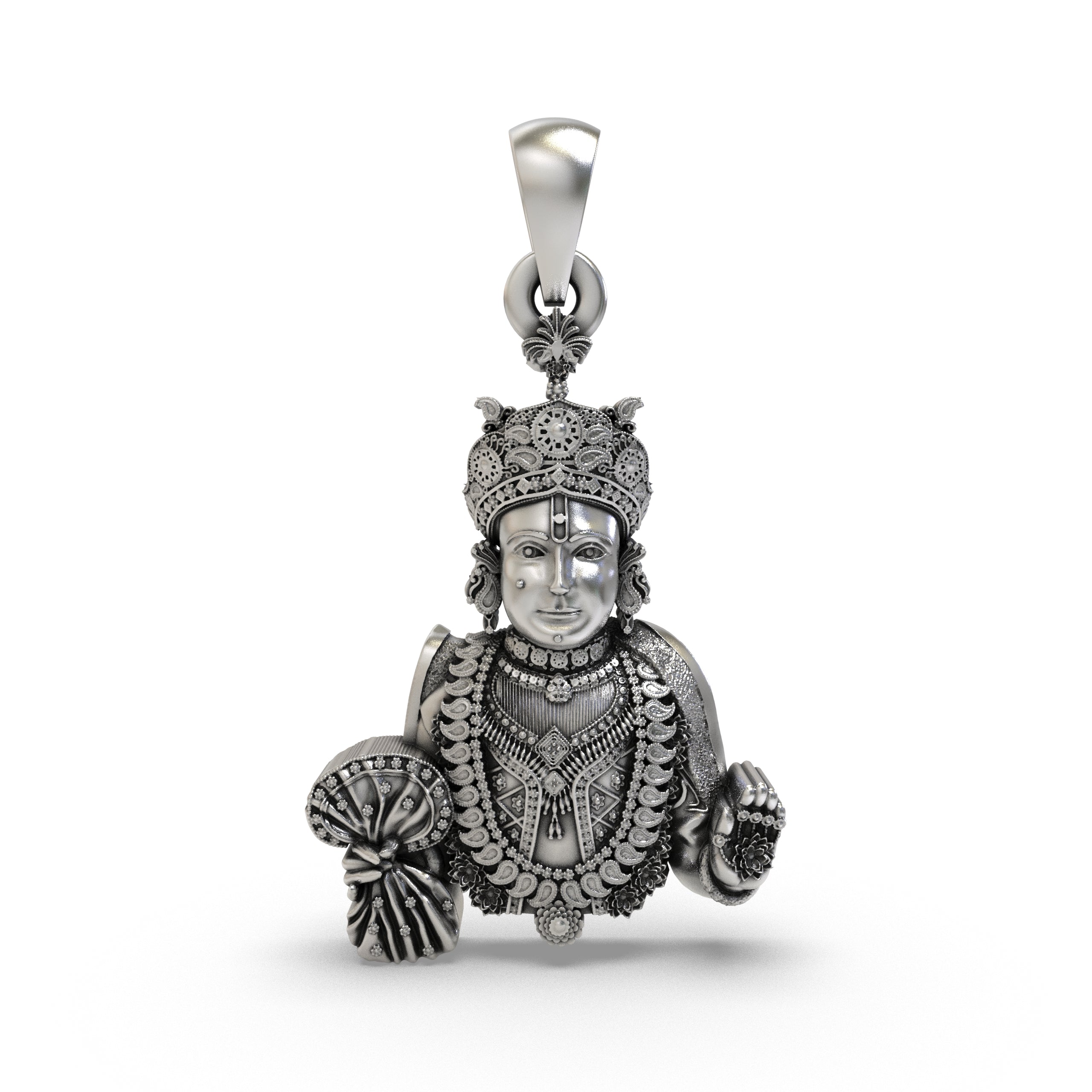 Front view of the 925 silver Swaminarayan pendant, showcasing the detailed oxidized finish and sacred deity depiction.