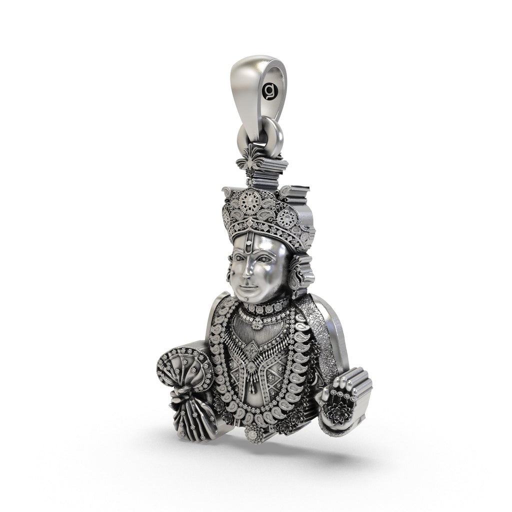 A side profile view of the 925 sterling silver Swaminarayan locket, highlighting its lightweight hollow back design.