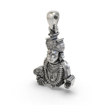 The 925 silver Swaminarayan pendant shown from an angle to display its 30mm height and beautiful spiritual design.
