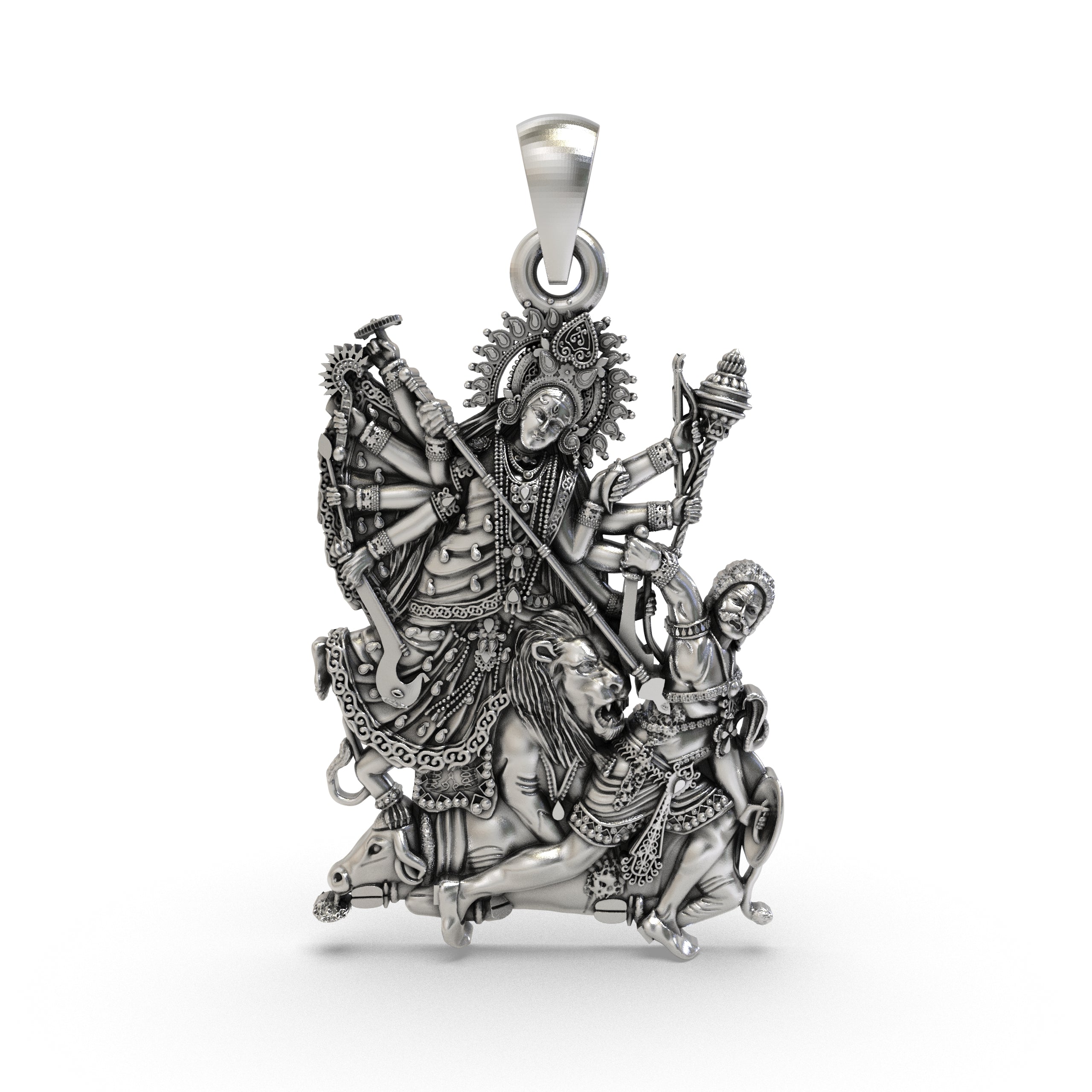 Front view of the intricately carved 925 silver Durga Maa pendant, showcasing the divine goddess form. Main image