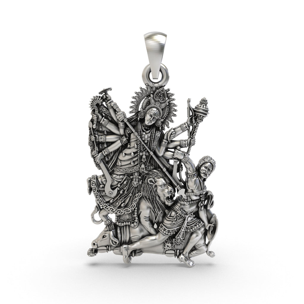 Front view of the intricately carved 925 silver Durga Maa pendant, showcasing the divine goddess form.