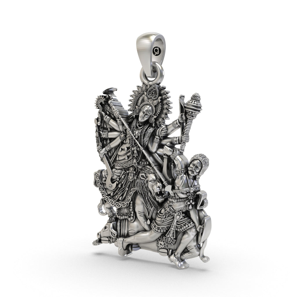 Close-up detail of the sterling silver Durga Maa locket, highlighting the fine craftsmanship of her face.