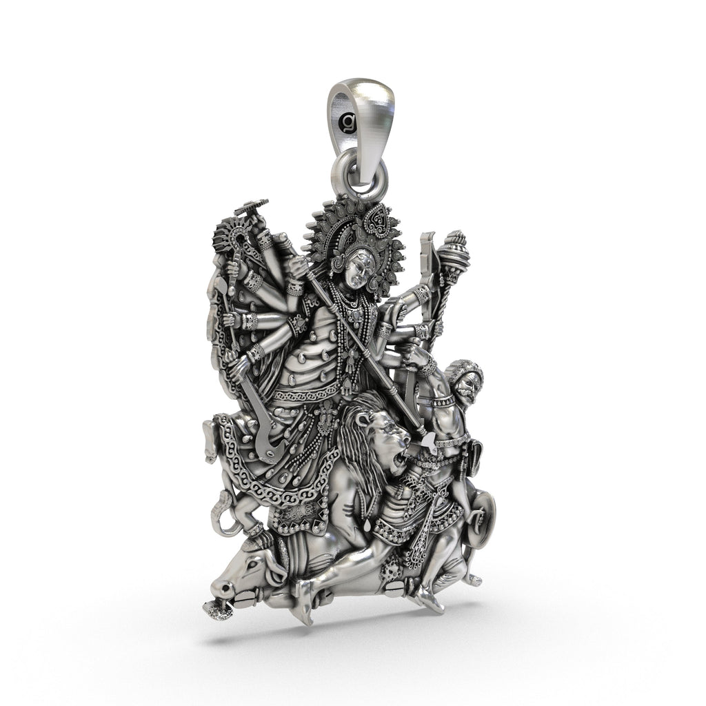 Angled side view of the 925 silver Durga Maa goddess pendant, showing its elegant profile and sturdy build.