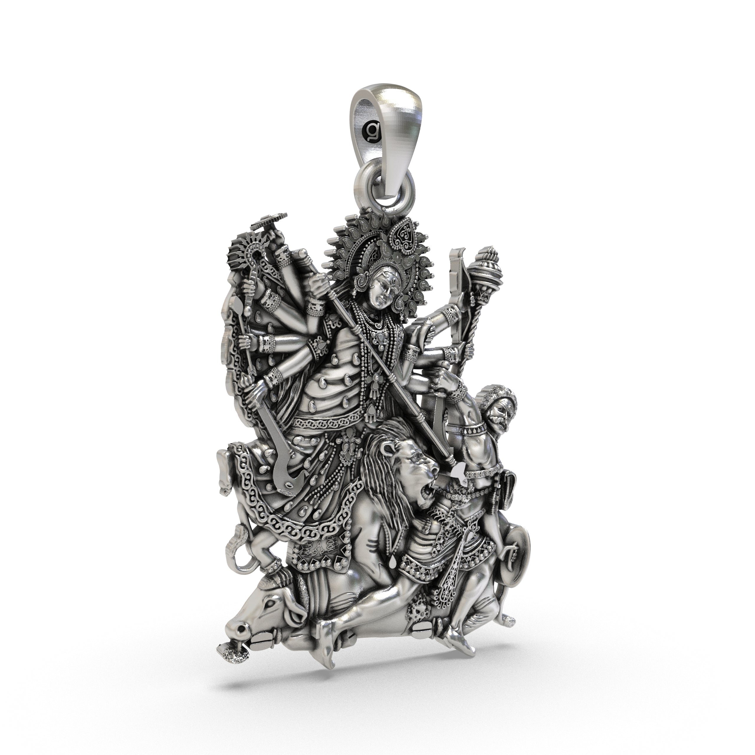 Angled side view of the 925 silver Durga Maa goddess pendant, showing its elegant profile and sturdy build.