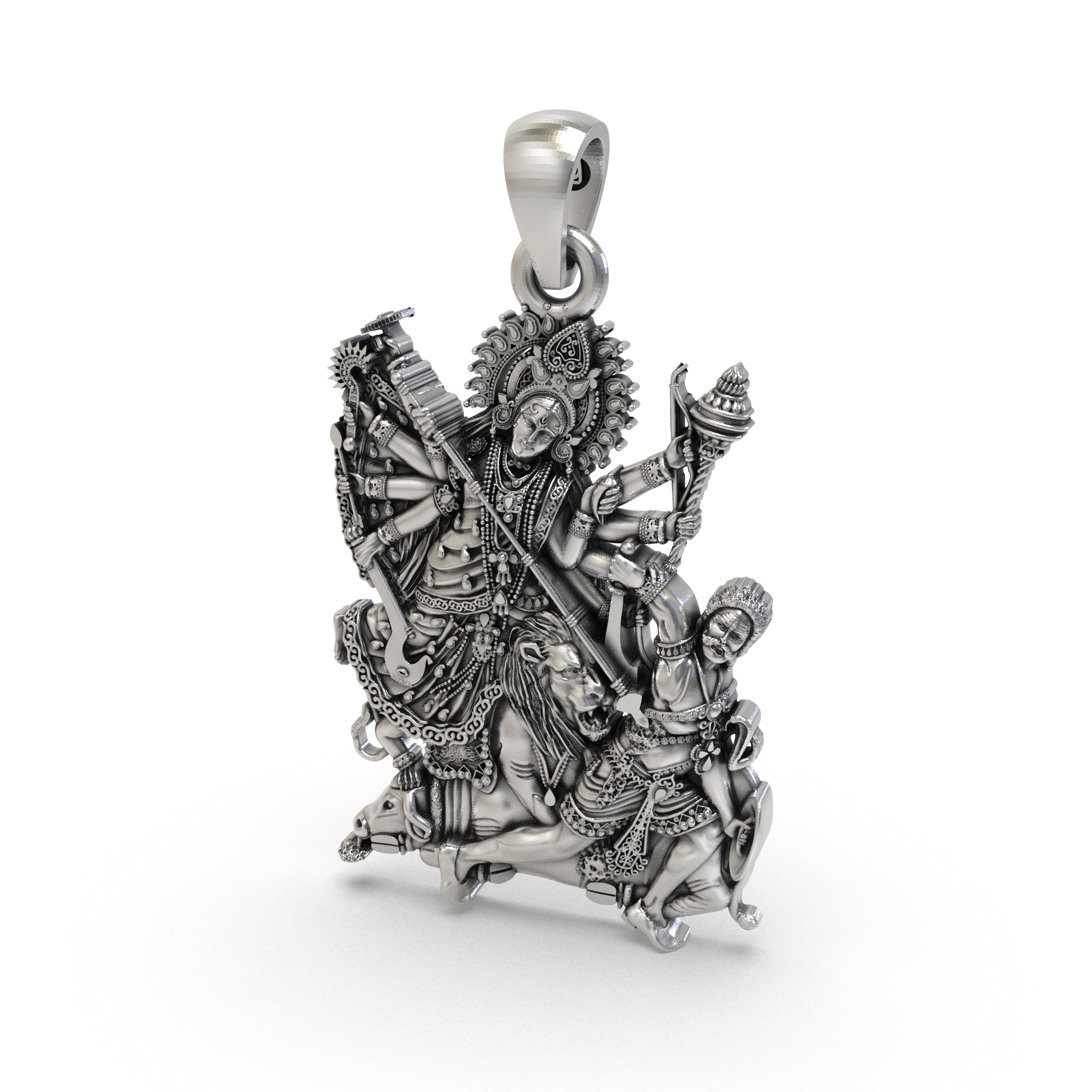 The 925 silver Durga Maa pendant for protection, shown on a plain background to display its size and radiant shine.