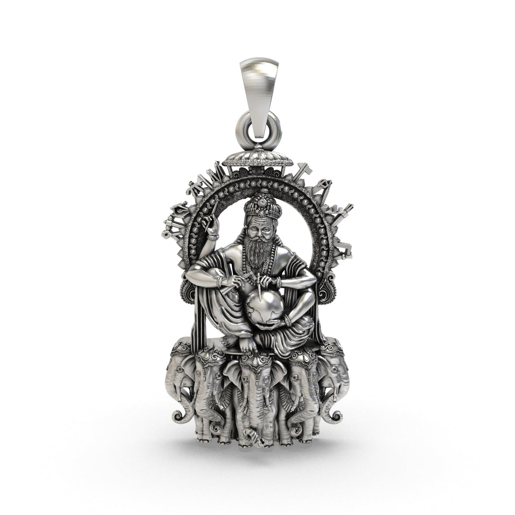 Front view of the 925 silver Vishvakarman pendant showing the intricate engraving of the divine architect god.