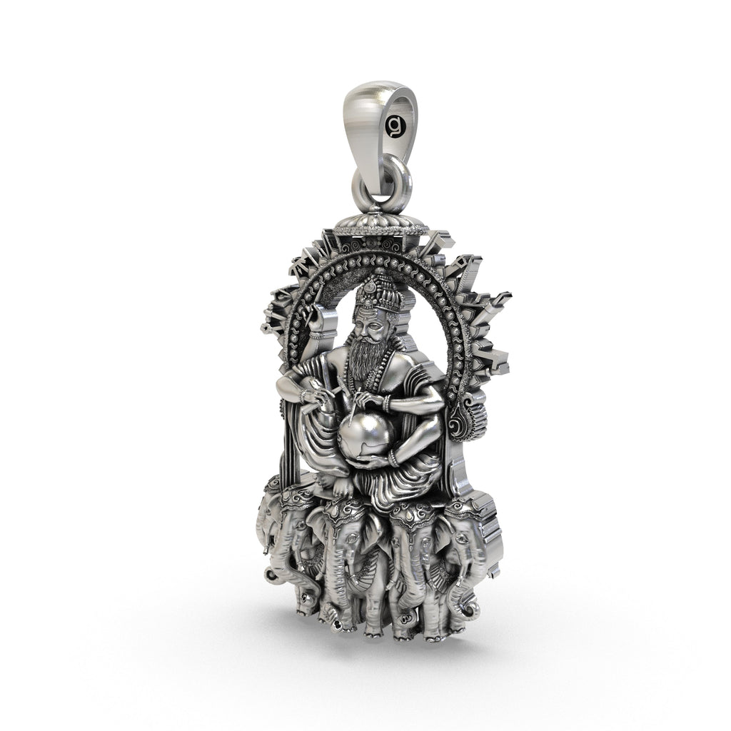 Angled view of the sterling silver Vishvakarman pendant, highlighting its polished finish and detailed craftsmanship.