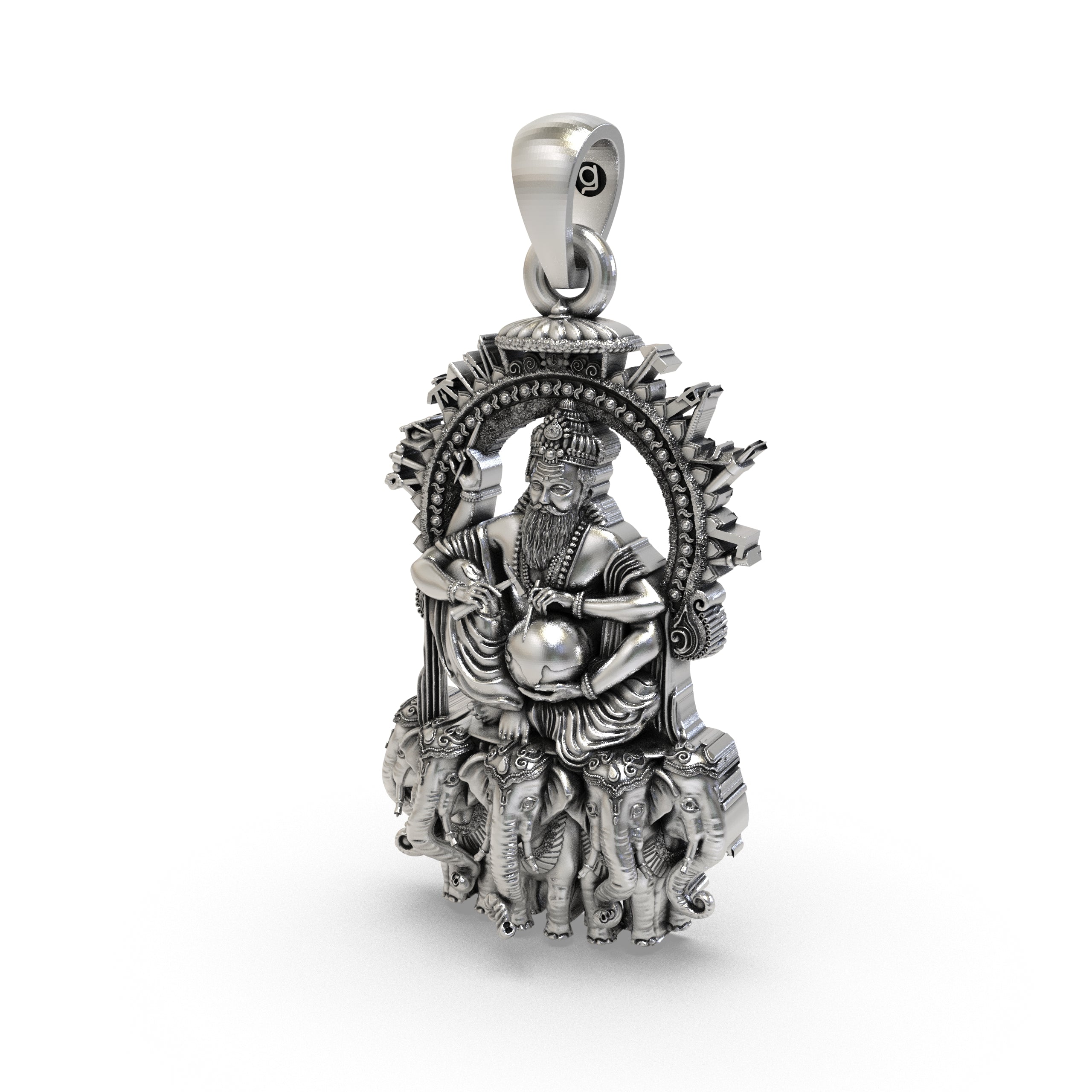 Side profile of the 925 silver Vishvakarman pendant, showing its thickness and the sturdy bail for a chain.