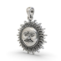 Angled side view of the Sun God amulet in 925 silver, highlighting the detailed craftsmanship and hollow back design.