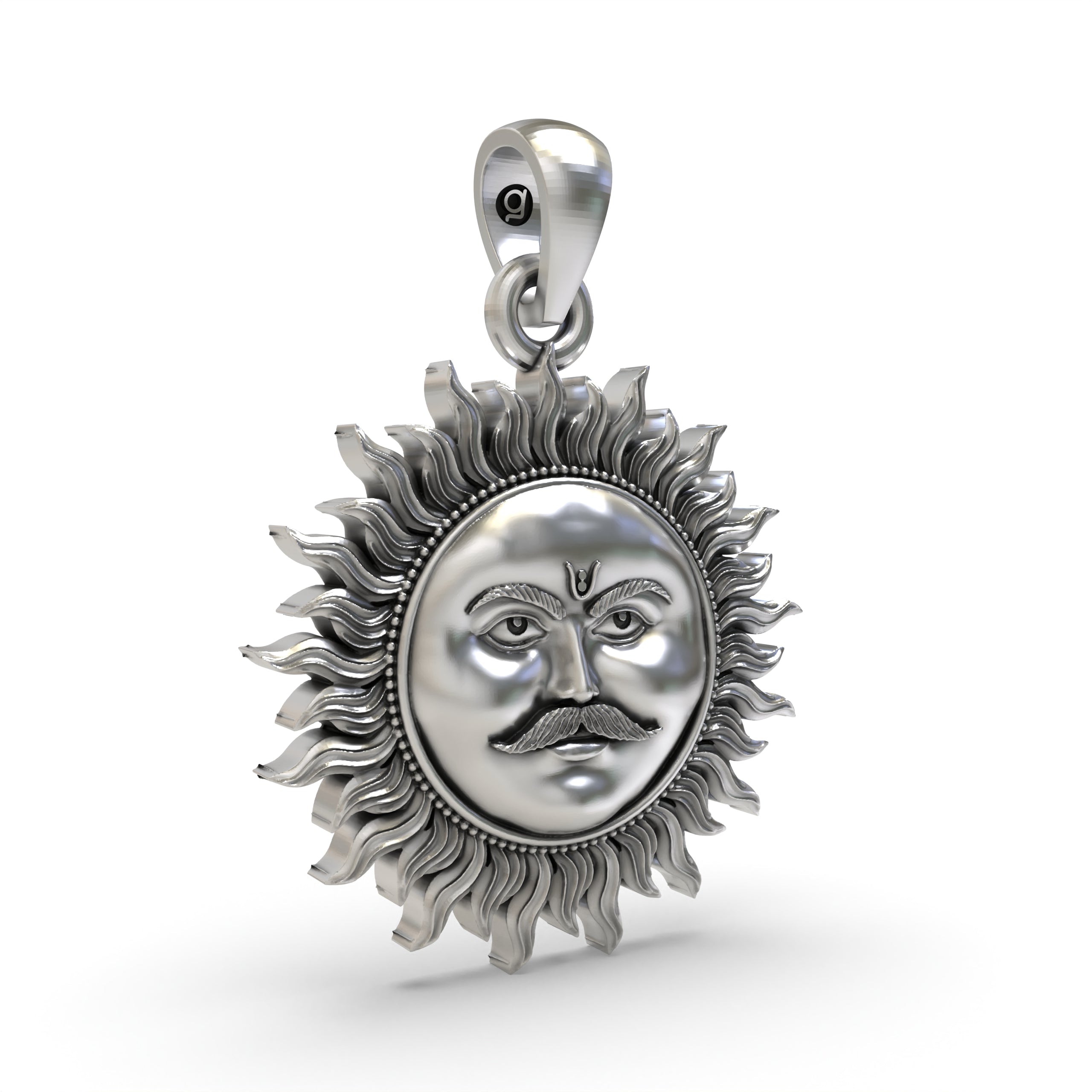 Close-up detail of the radiant Lord Surya Vedic talisman, showcasing the intricate seven horses on the 925 silver pendant.