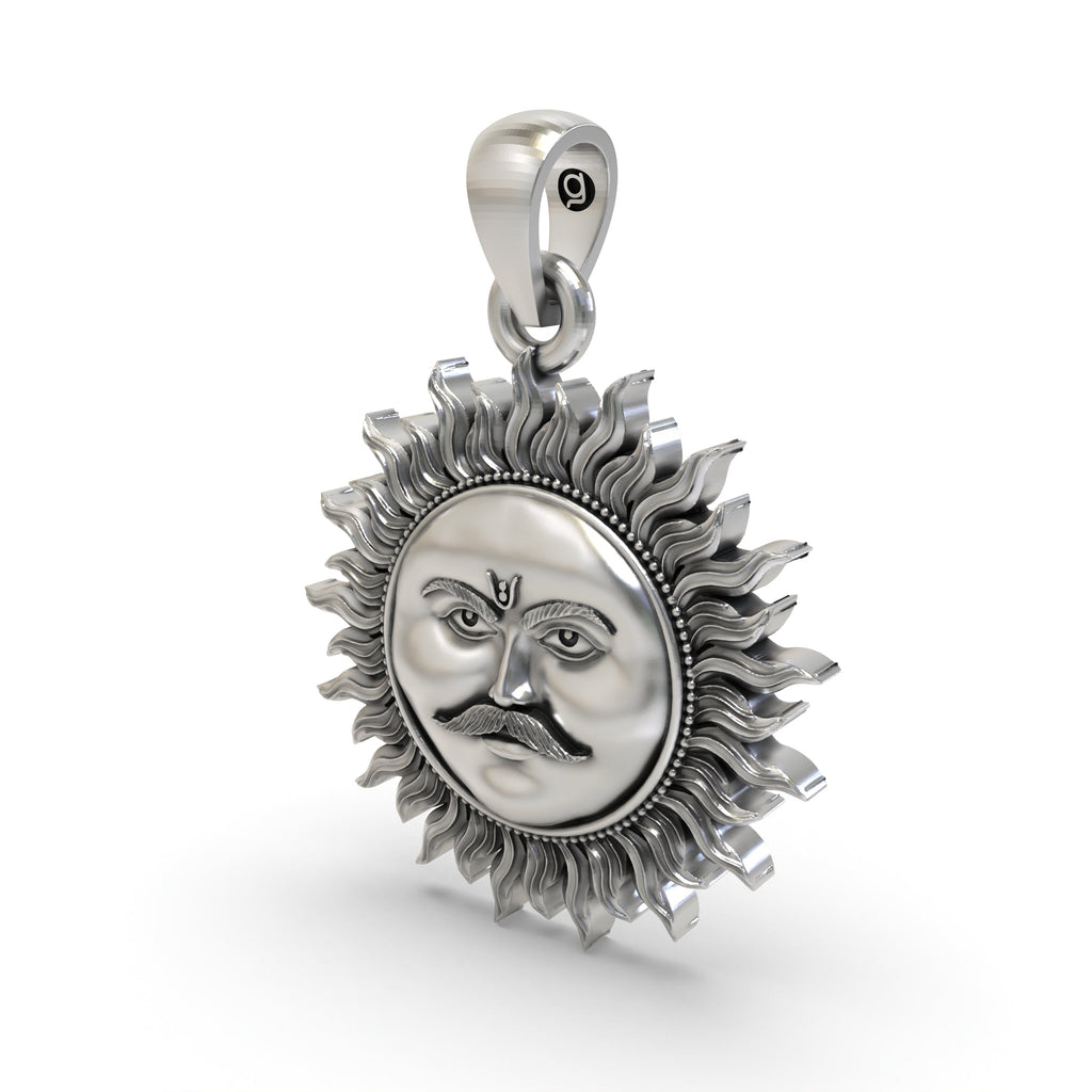 The 925 Silver Surya Dev pendant for success, displaying its 30mm size and rich, antique oxidized texture.
