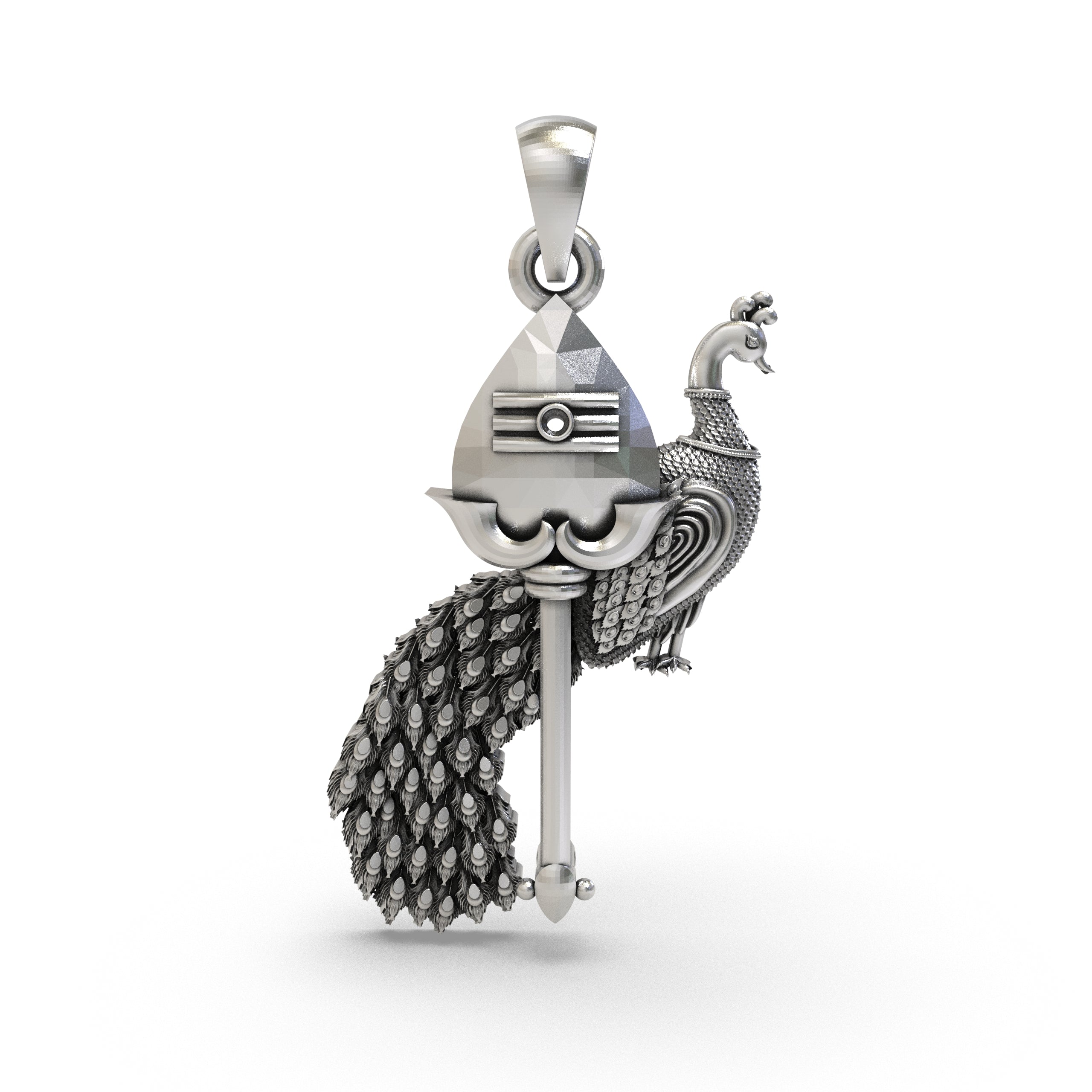 Front view of the 925 silver Vel with Peacock pendant, showcasing its detailed craftsmanship and sacred design. Main image