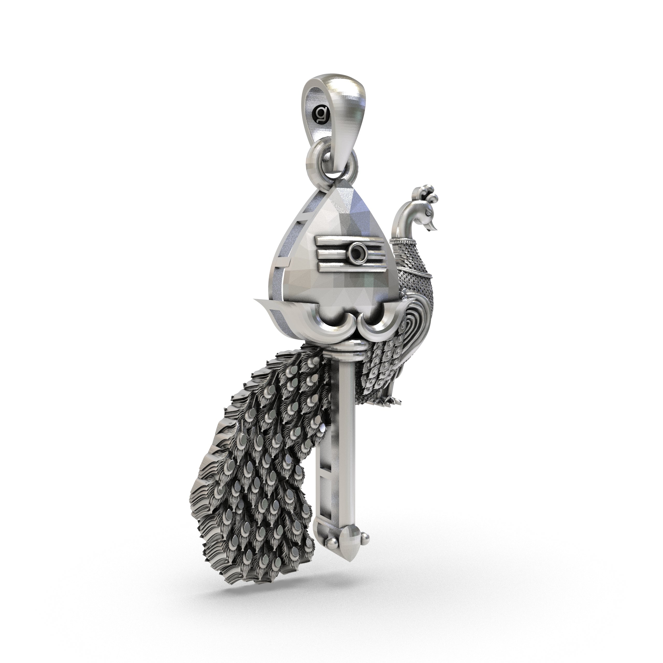 Side profile of the 925 silver Vel with Peacock pendant, displaying its dimensional shape and polished finish.