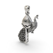 A 925 silver Vel with Peacock pendant on a chain against a plain background to illustrate its size and shine.