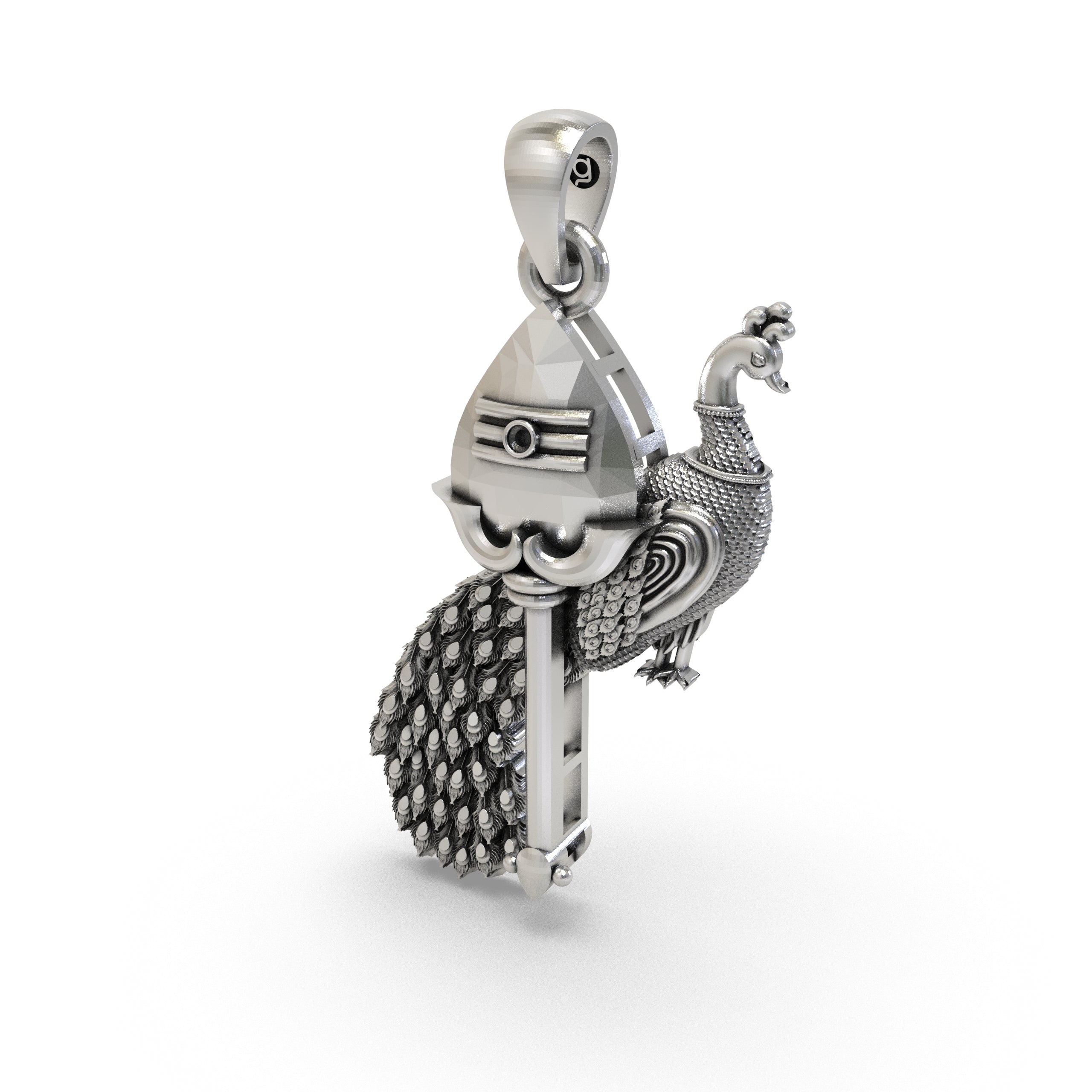 A 925 silver Vel with Peacock pendant on a chain against a plain background to illustrate its size and shine.