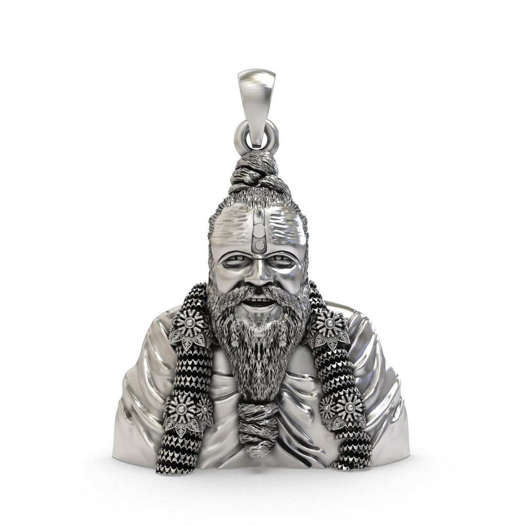 Front view of the 925 sterling silver Premanand Ji Maharaj pendant, showcasing the Guru's image for spiritual seekers.