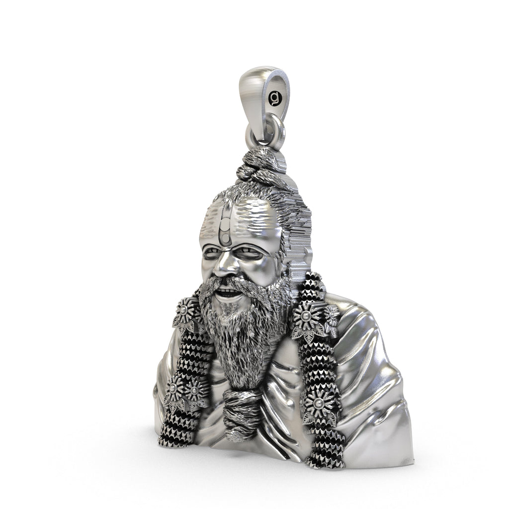 An angled profile view of the 925 silver Premanand Ji Maharaj pendant, highlighting its polished finish and durable build.