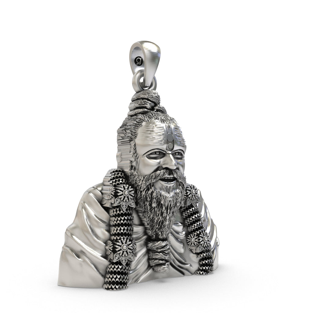 A detailed close-up of the Premanand Ji Maharaj locket, showing the intricate carving on the 925 silver surface.
