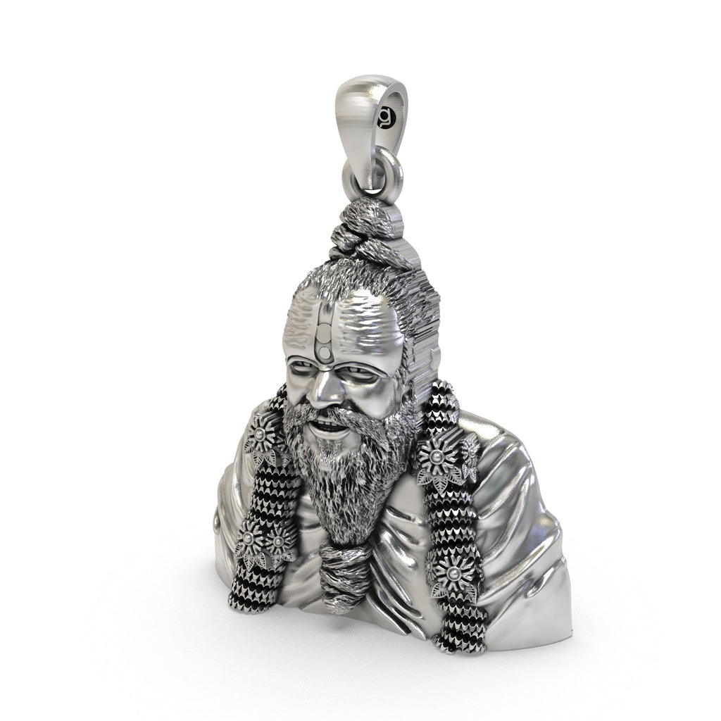 The Premanand Ji Maharaj pendant crafted in 925 silver, shown with a chain to illustrate its size and how it is worn.