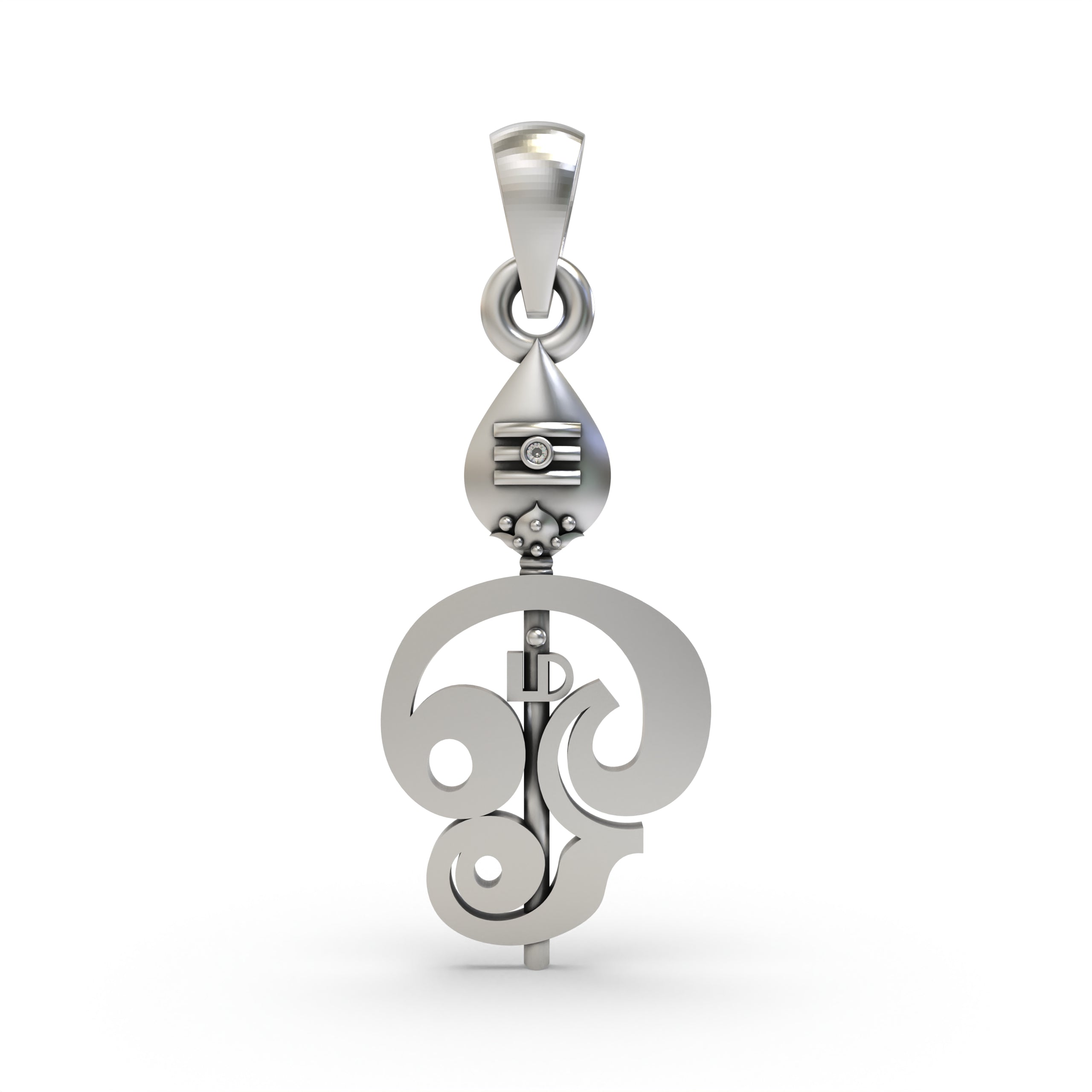 Front view of the 925 silver Murugan Vel pendant, showing the intricate details of Lord Kartikeya's divine spear.