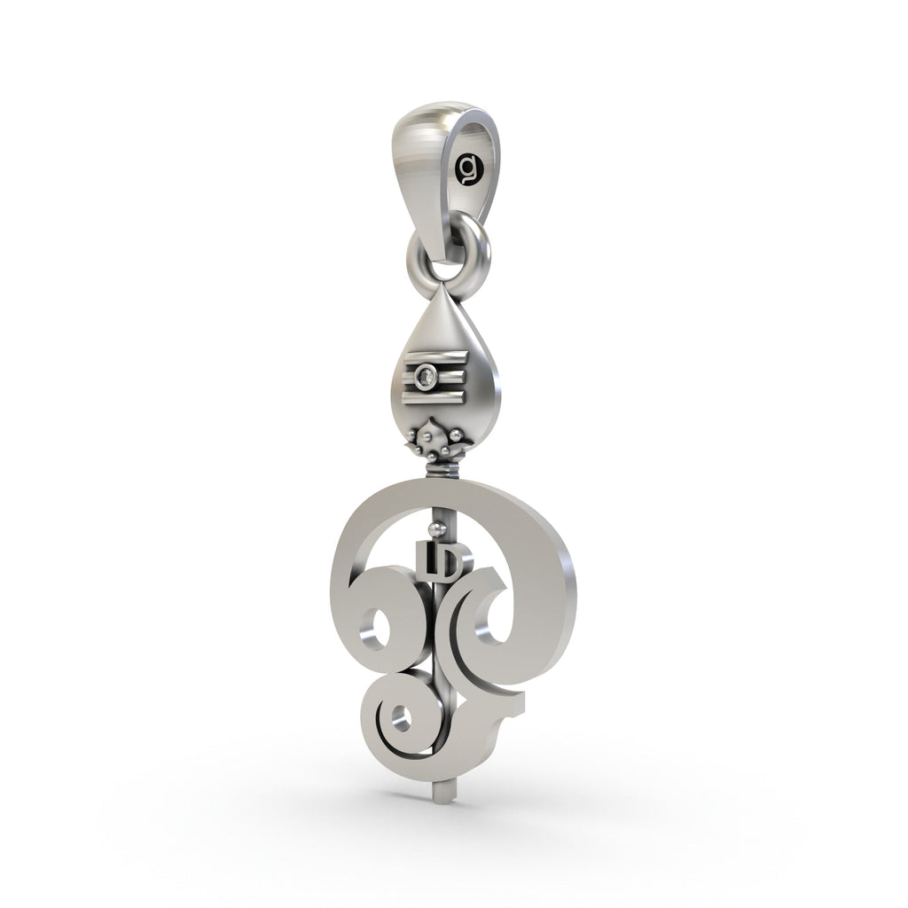 Angled view of the oxidized 925 silver Murugan Vel pendant, highlighting its polished finish and symbolic shape.