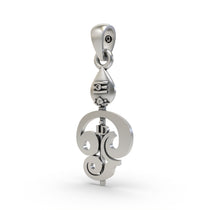 Angled view of the oxidized 925 silver Murugan Vel pendant, highlighting its polished finish and symbolic shape.
