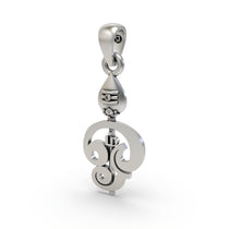 Side profile of the sterling silver Murugan Vel pendant, illustrating its slender form and hollow back for comfort.
