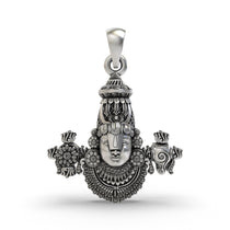 Front view of an intricately crafted Tirupati Balaji pendant made from pure 925 sterling silver for devotees.