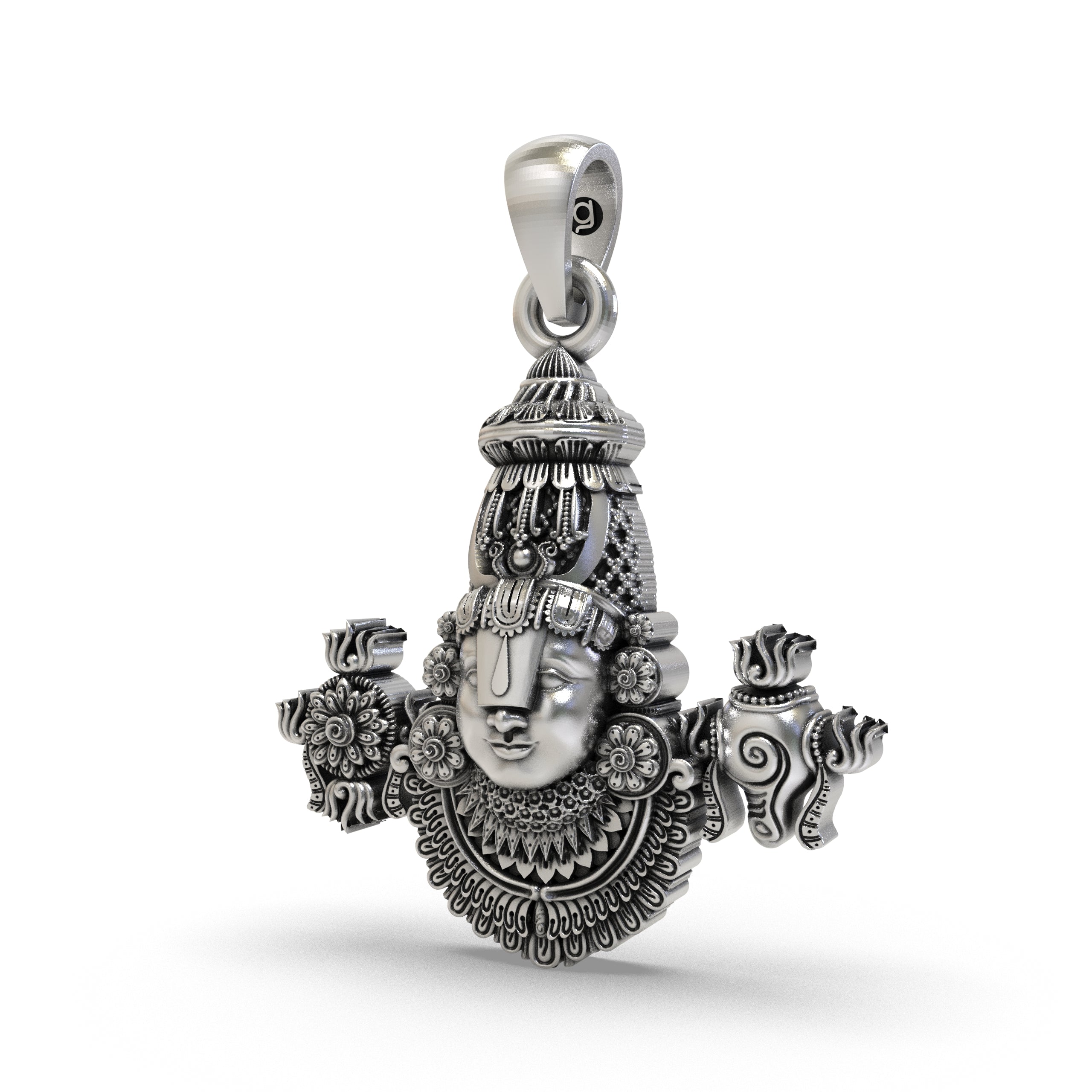 A detailed close-up of the Lord Venkateswara face on a 925 silver Tirupati Balaji pendant with a polished finish.