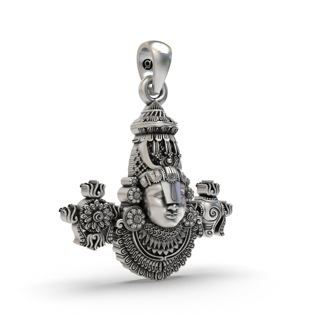 Side profile of the divine Tirupati Balaji 925 silver pendant, showing its thickness and attached hook for chains.