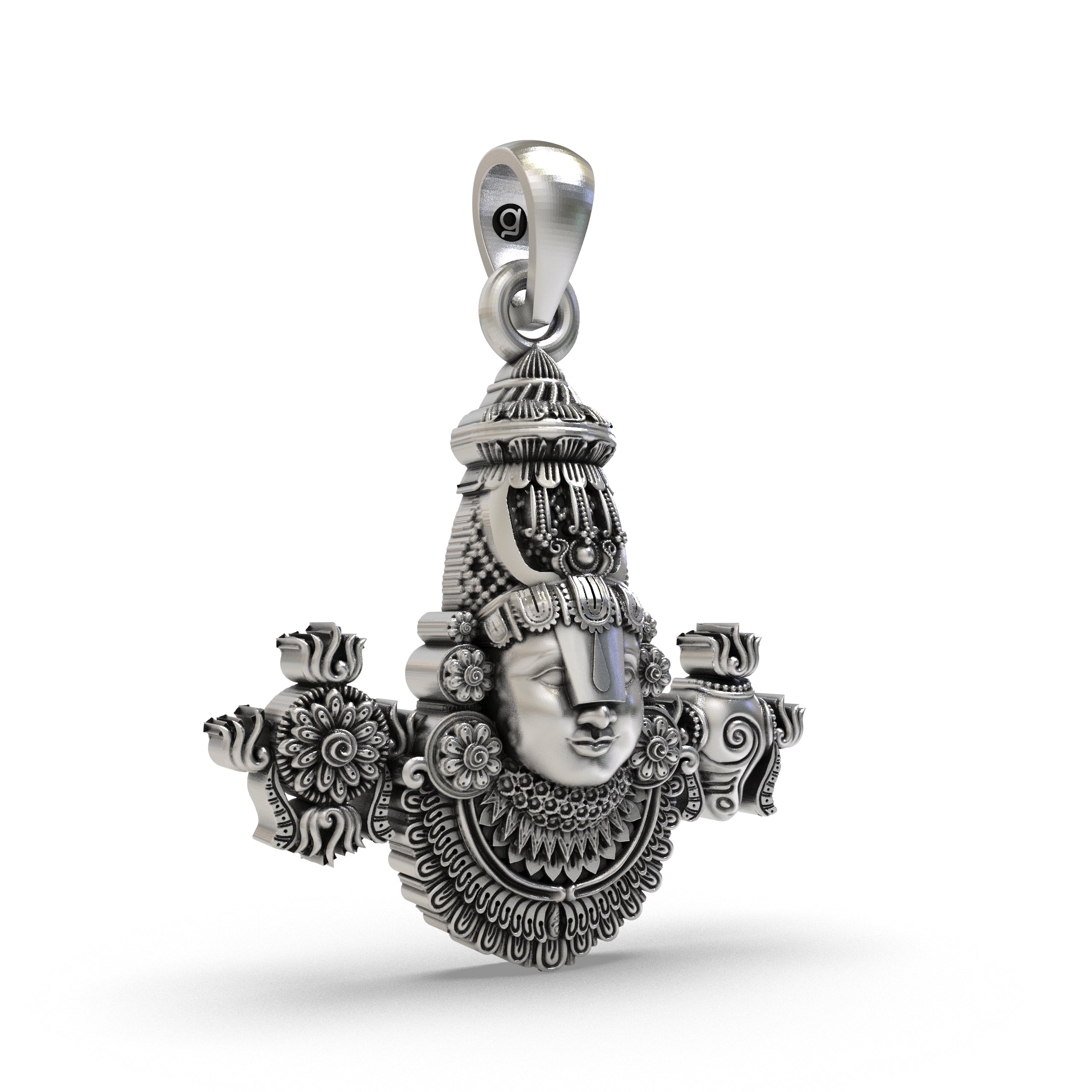 Side profile of the divine Tirupati Balaji 925 silver pendant, showing its thickness and attached hook for chains.