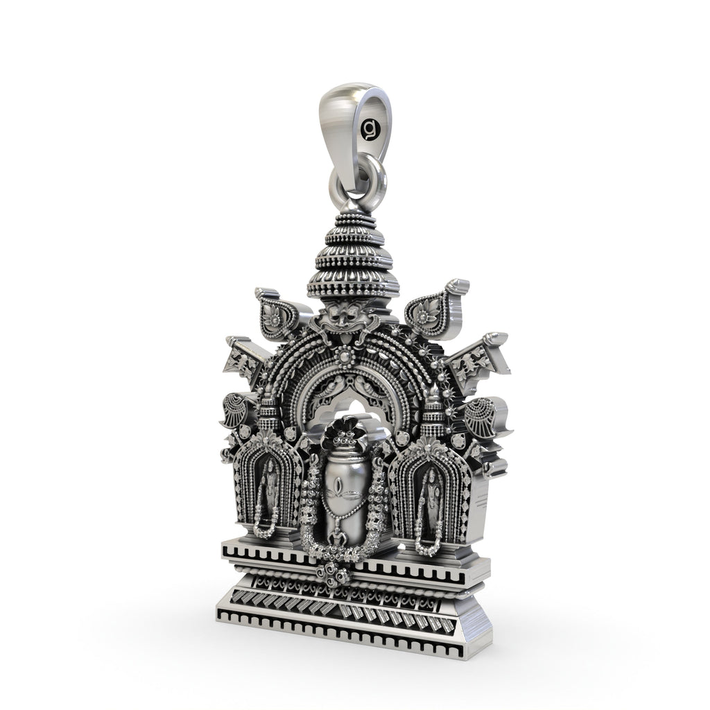 Angled side profile of the 925 sterling silver Shivling pendant, showing its dimensional form and intricate oxidized finish.