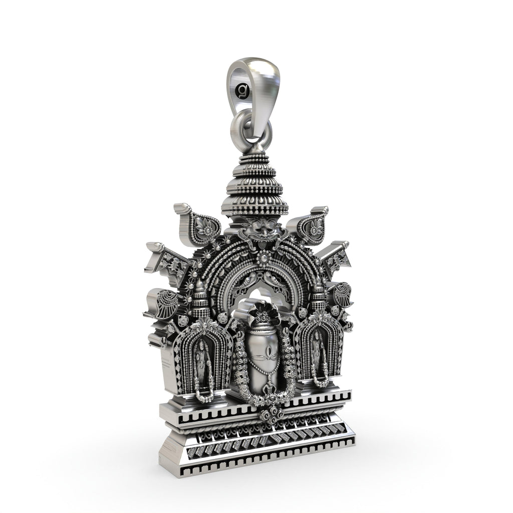 A close-up of the 925 silver Shivling pendant, detailing the texture and craftsmanship of the oxidized Lord Shiva Lingam.