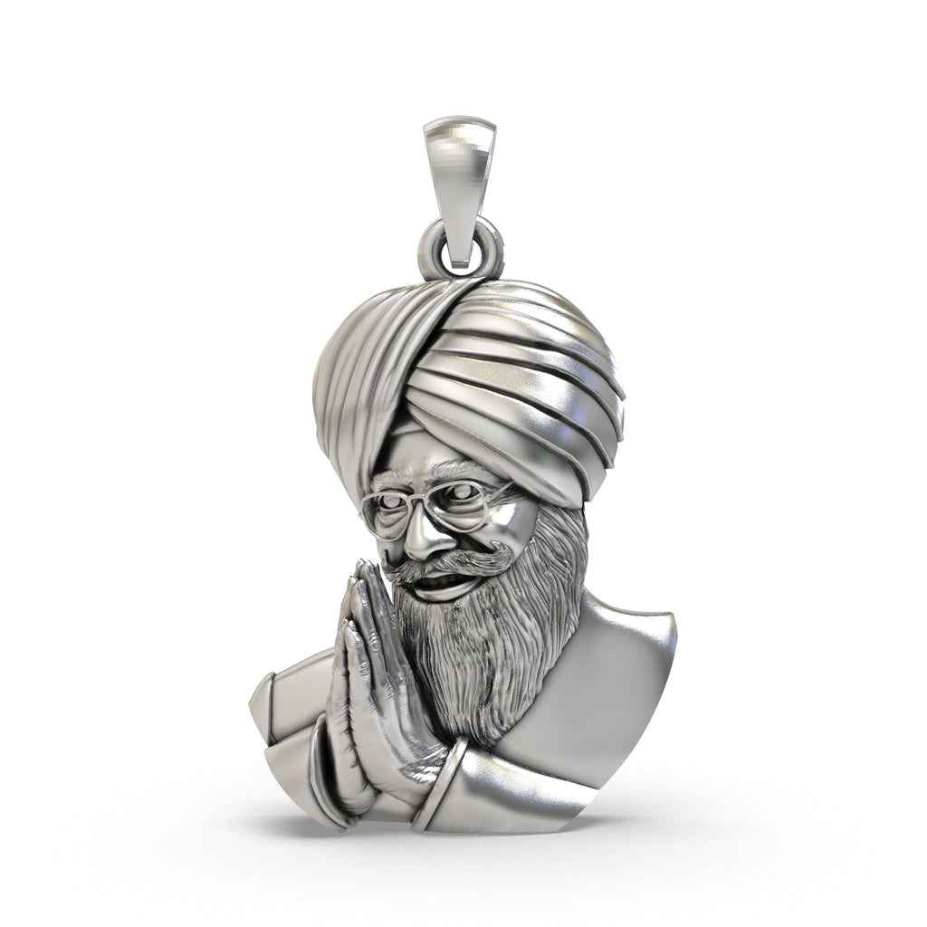 Front view of the 925 silver Baba Gurinder Singh Ji pendant with intricate details and an oxidized finish.