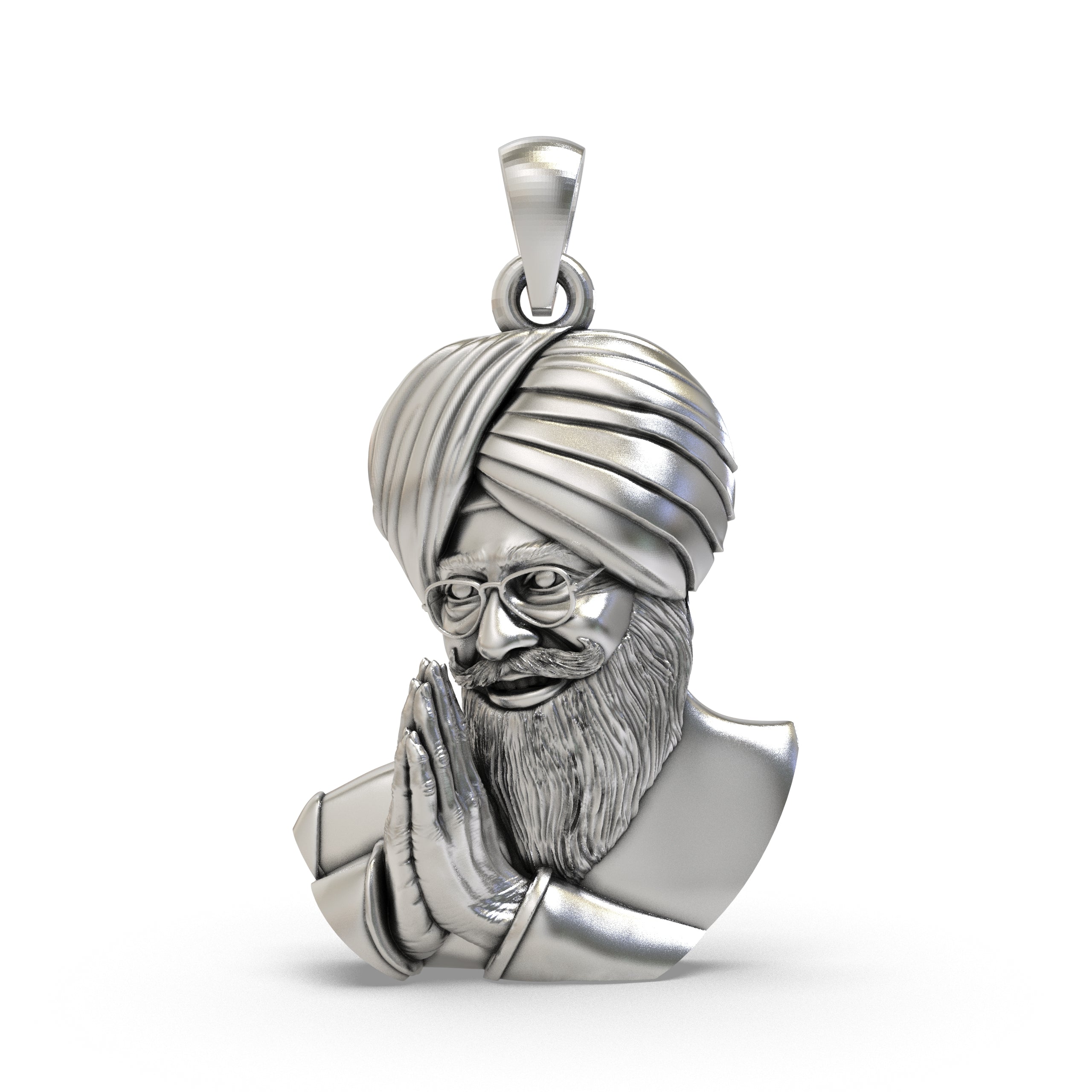 Front view of the 925 silver Baba Gurinder Singh Ji pendant with intricate details and an oxidized finish.